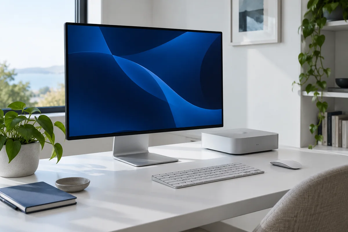 Illustrative workspace with a compact desktop computer, monitor and plants in daylight